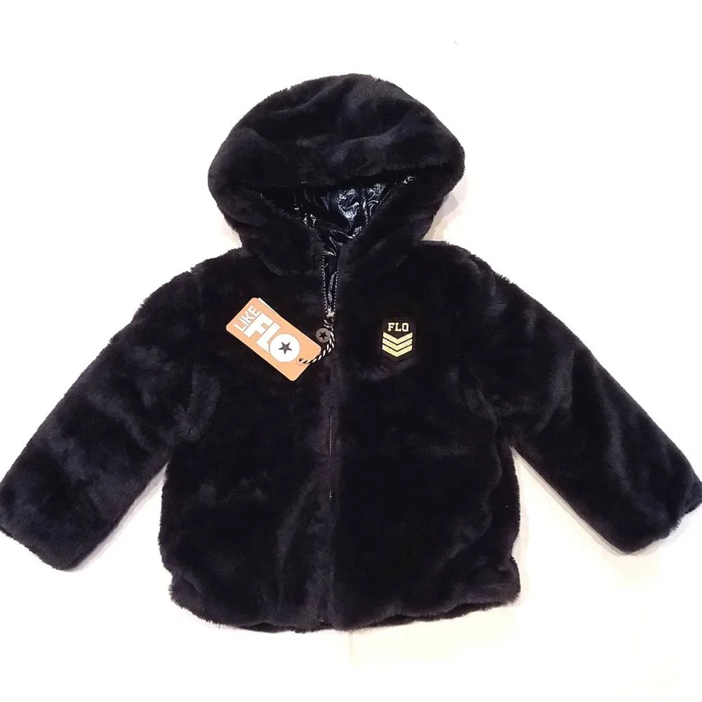 Boutique Like Flo‎ European Reversible Navy Girls Jacket Faux Fur Inside 4/5 5/6 - Picture 3 of 6